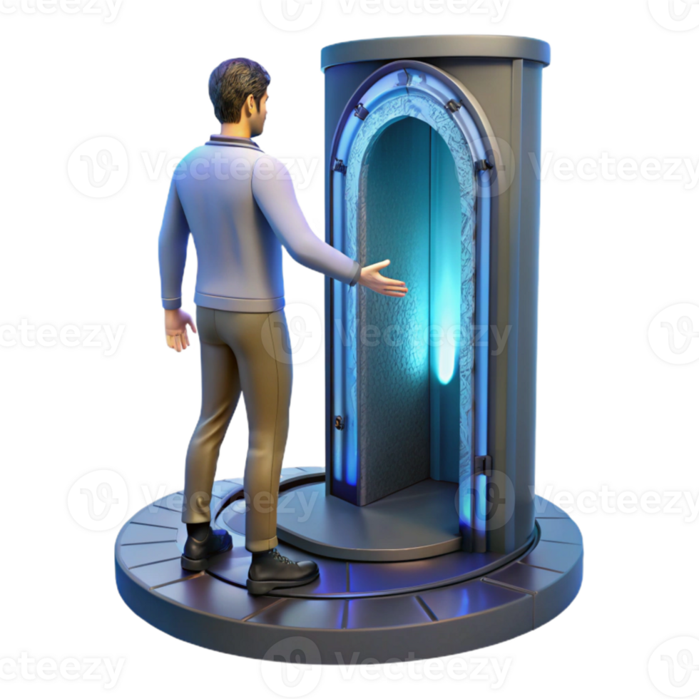 elegant contemporary Man Entering Teleportation Chamber Side Angle Transparent Background png