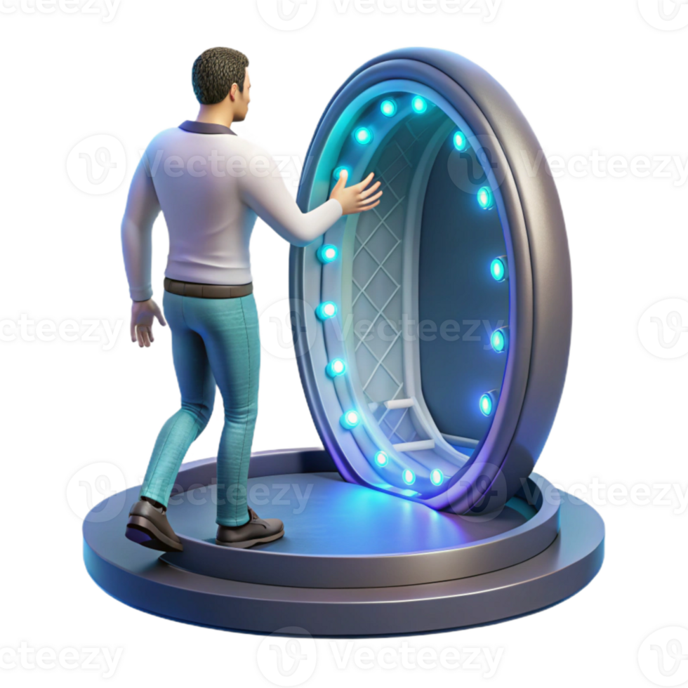 serene artistic Man Entering Teleportation Chamber Side Angle Transparent Background original png