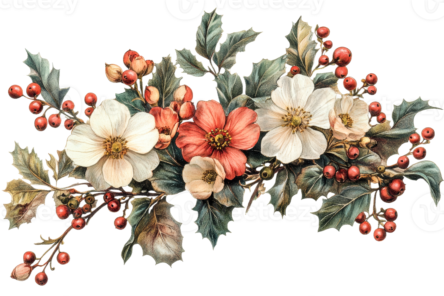 Beautiful floral arrangement with holly and berries png