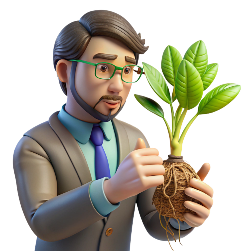 beautiful minimalist Man Examining Plant Roots Isolated Close Up Detail professional png