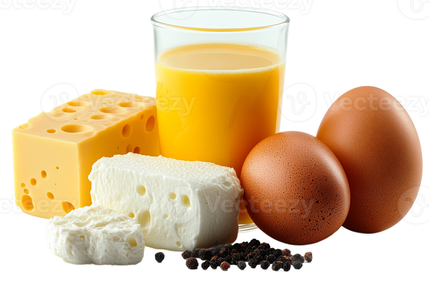 Breakfast ingredients with cheese, eggs, and juice png