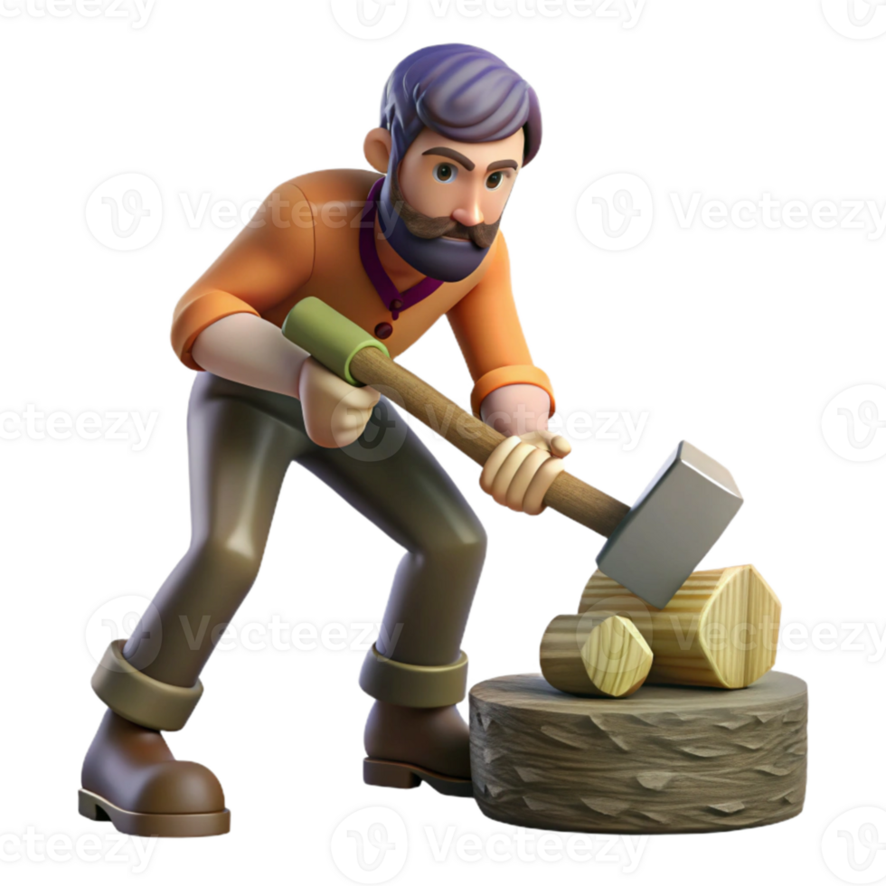 elegant minimalist Man Splitting Wood Axe in Log Isolated professional png