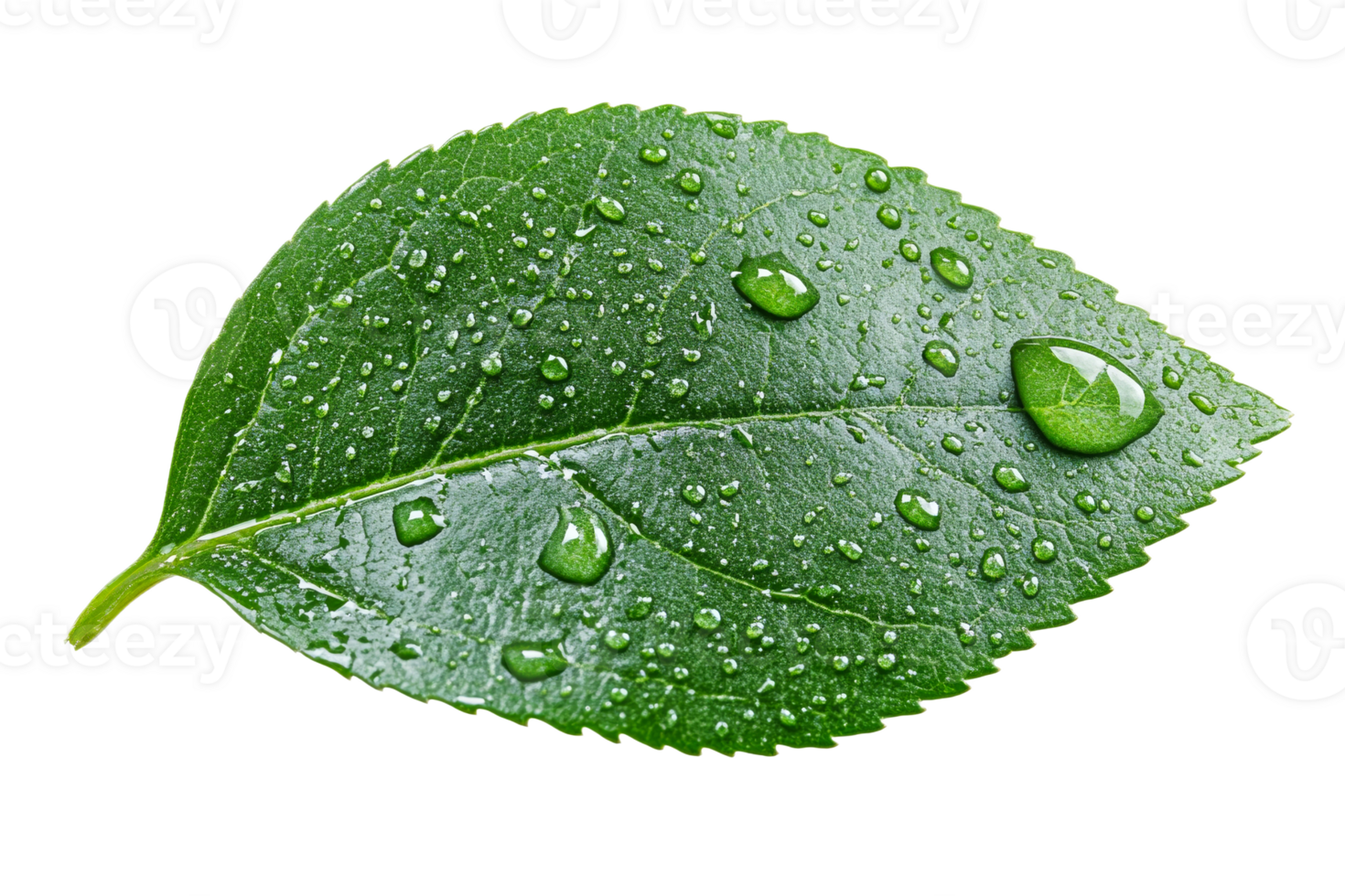 Dew covered green leaf with clear water droplets png
