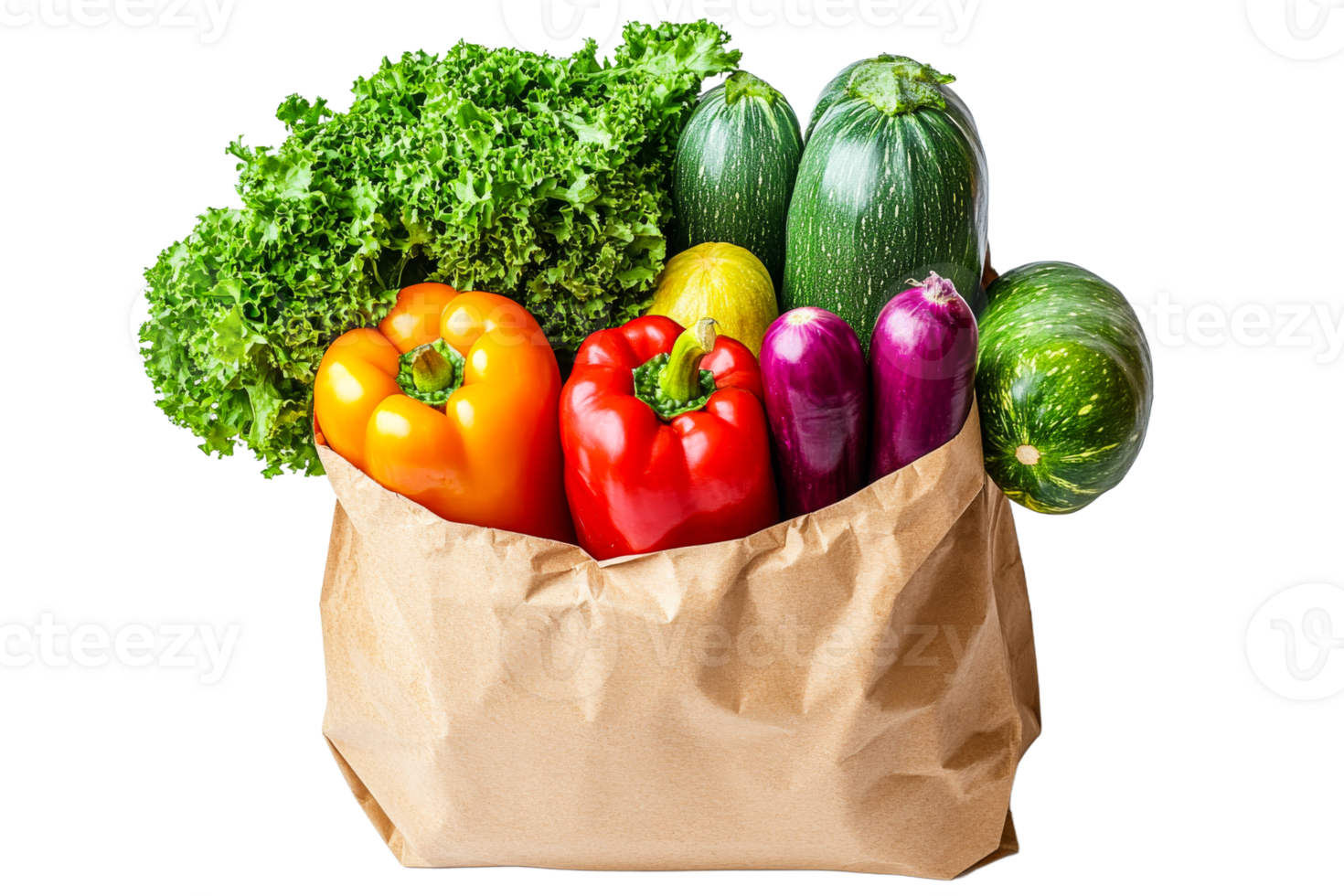 Brown bag of fresh vegetables on clear background png