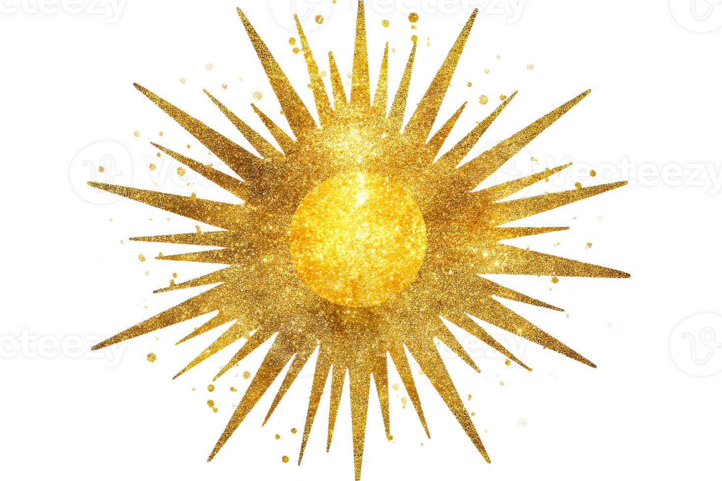 Golden sunburst with sparkling rays and circular center png