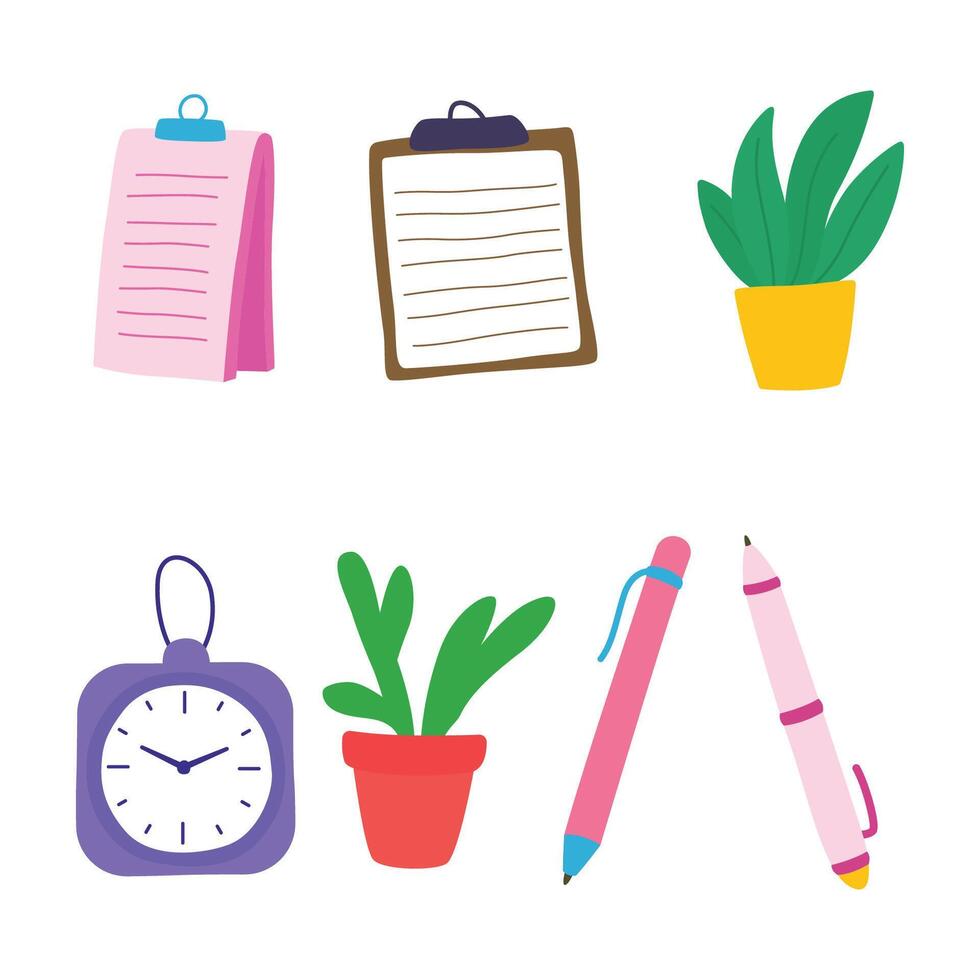 Colorful Elements Set of Business Office School Stationery with Paper Notes Plant Clock Pen vector
