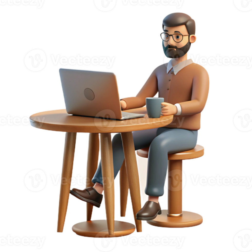elegant classic Man Working on Laptop in Cafe Transparent Background authentic png