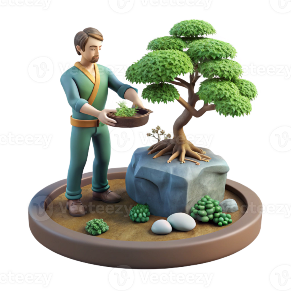 wonderful contemporary Man Tending Bonsai Tree Isolated Miniature Landscape high resolution png