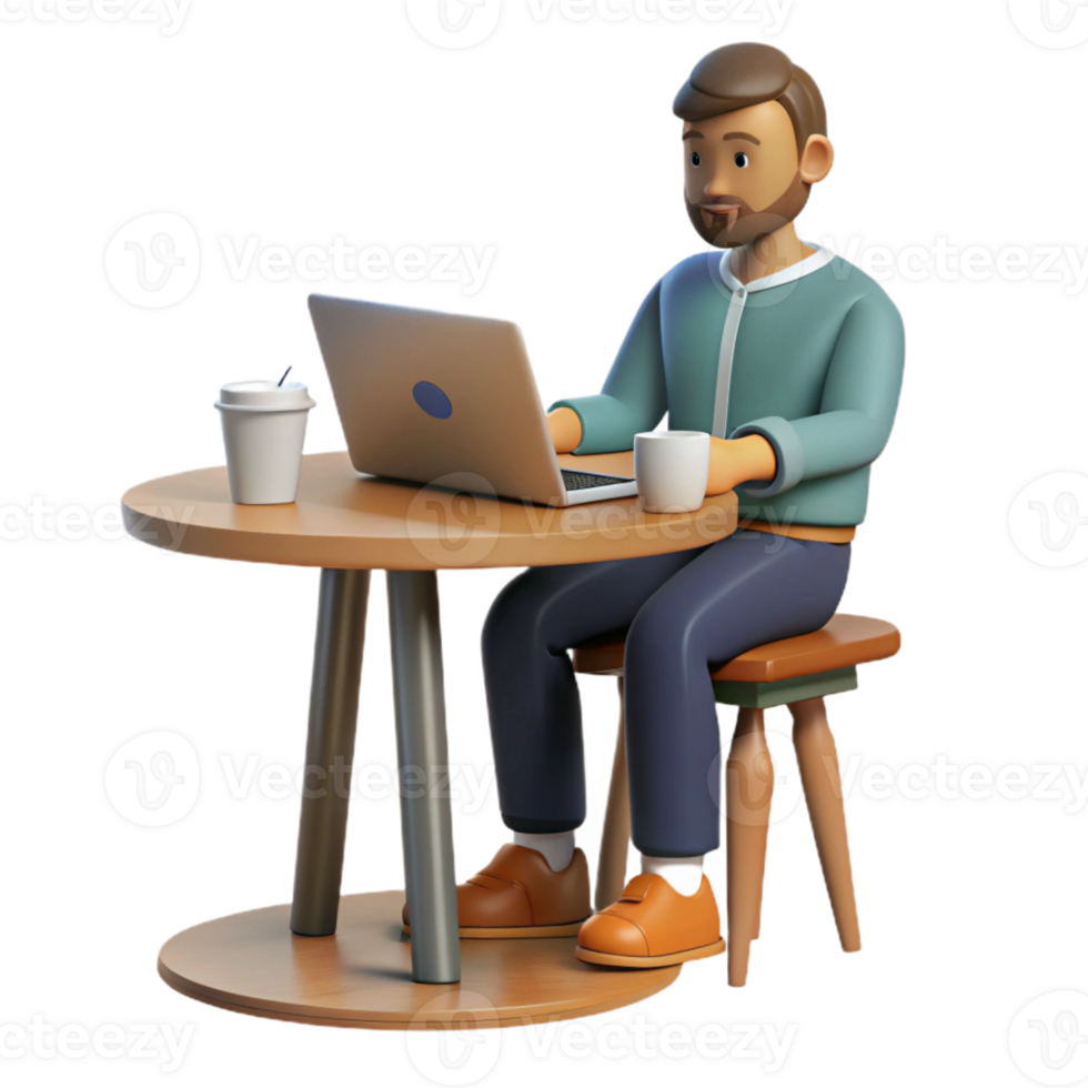 vibrant creative Man Working on Laptop in Cafe Transparent Background genuine png