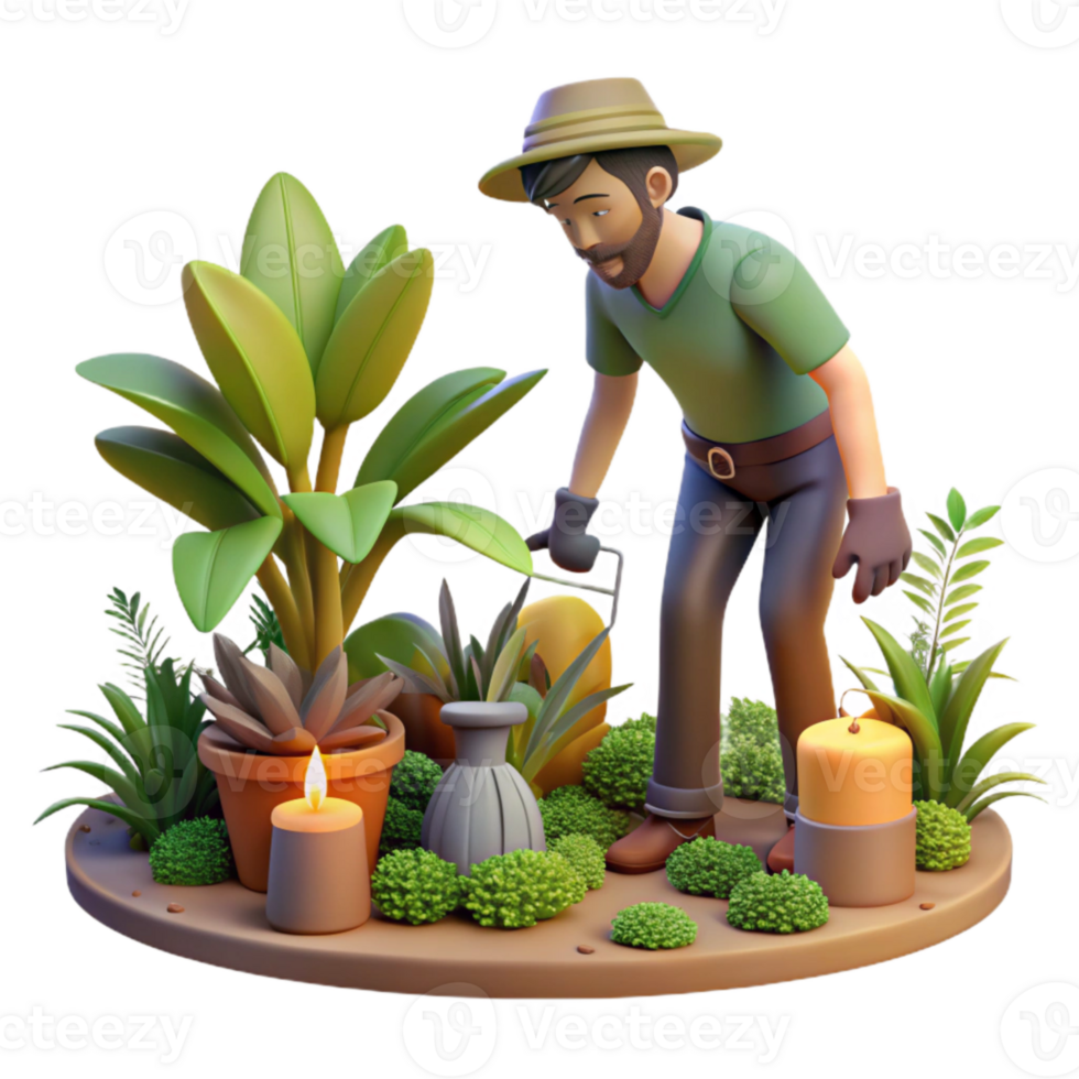 stunning contemporary Man Tending Garden Plants Cutout Warm Evening Light high quality png