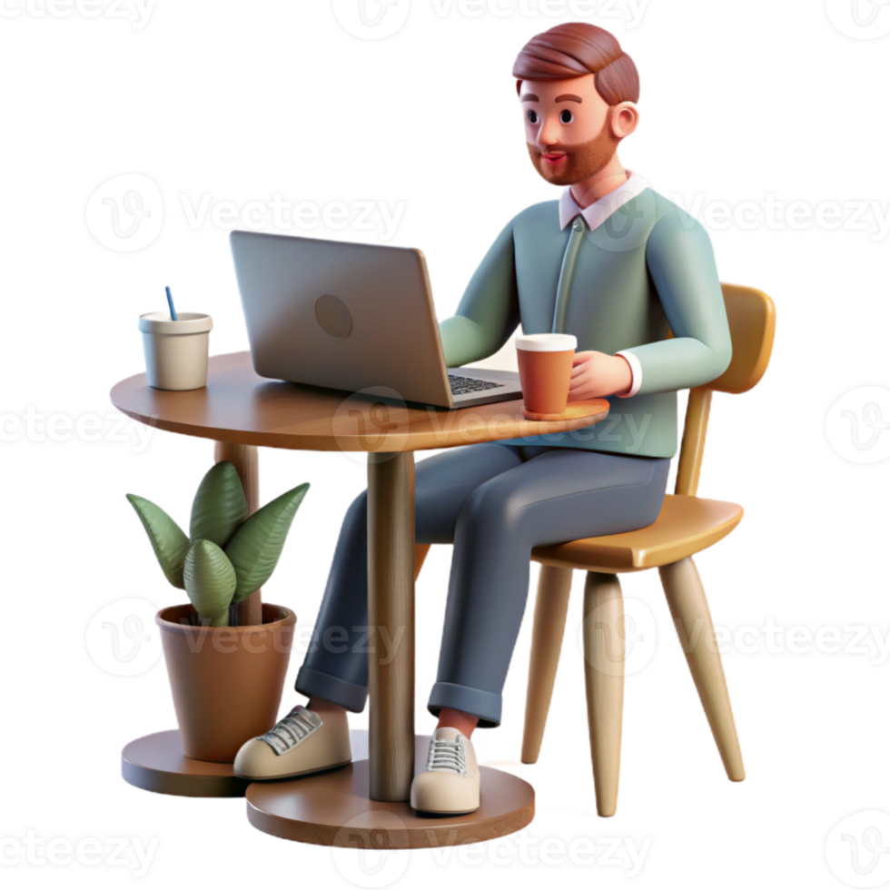 wonderful artistic Man Working on Laptop in Cafe Transparent Background professional png