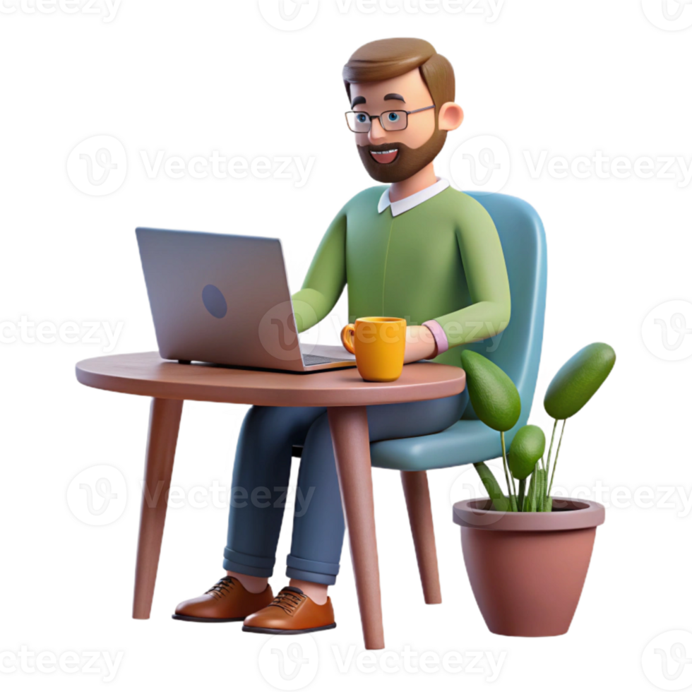 stunning minimalist Man Working on Laptop in Cafe Transparent Background high resolution png
