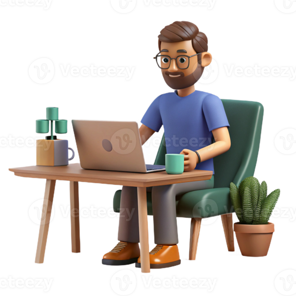 wonderful minimalist Man Working on Laptop in Cafe Transparent Background original png