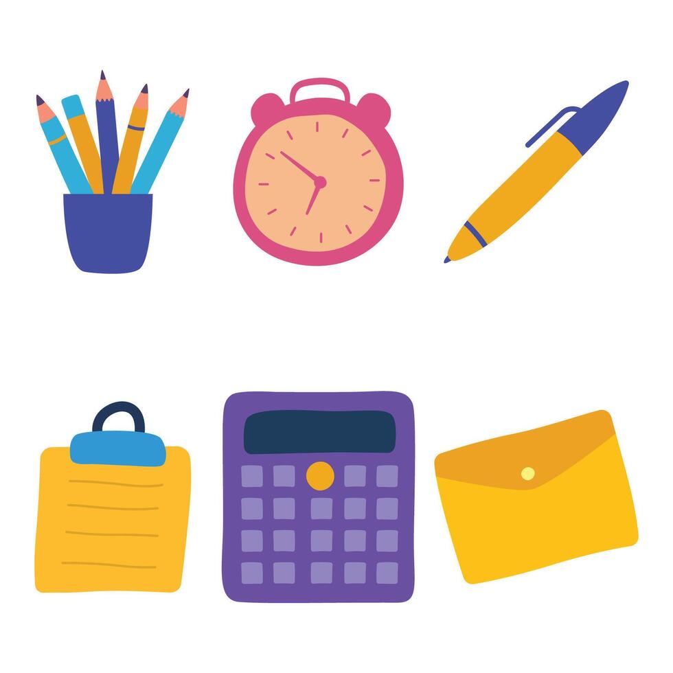 Colorful Elements Set of Business Office School Stationery with Paper Notes Clock Pen Calculator vector