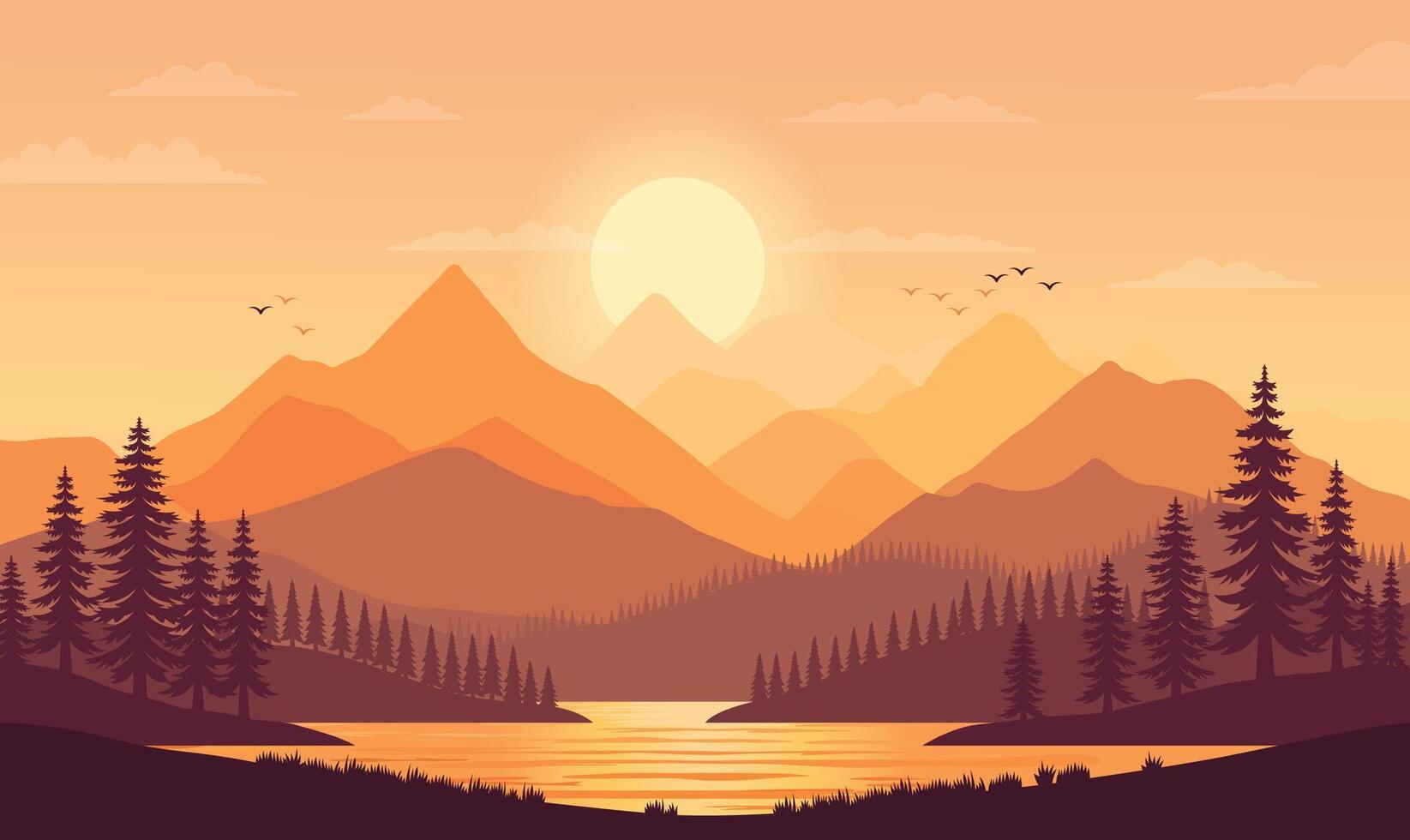Peaceful Mountains Nature Scenery with River View and Sun at Sunset Sunrise vector