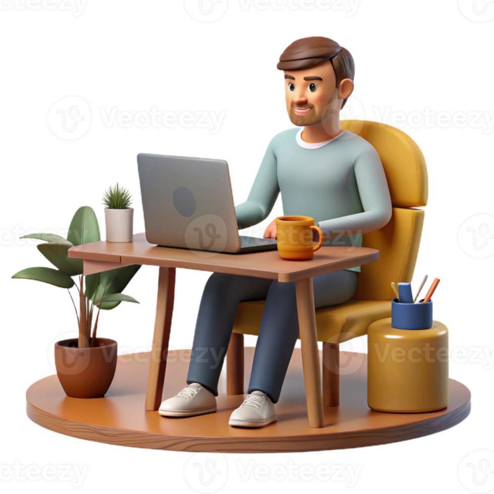 elegant modern Man Working on Laptop in Cafe Transparent Background detailed png