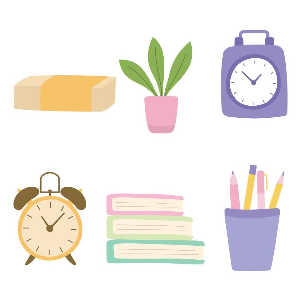 Office Elements Set of Business Stationery Books Clock Pencil Pen Plant with Soft Pastel Color vector