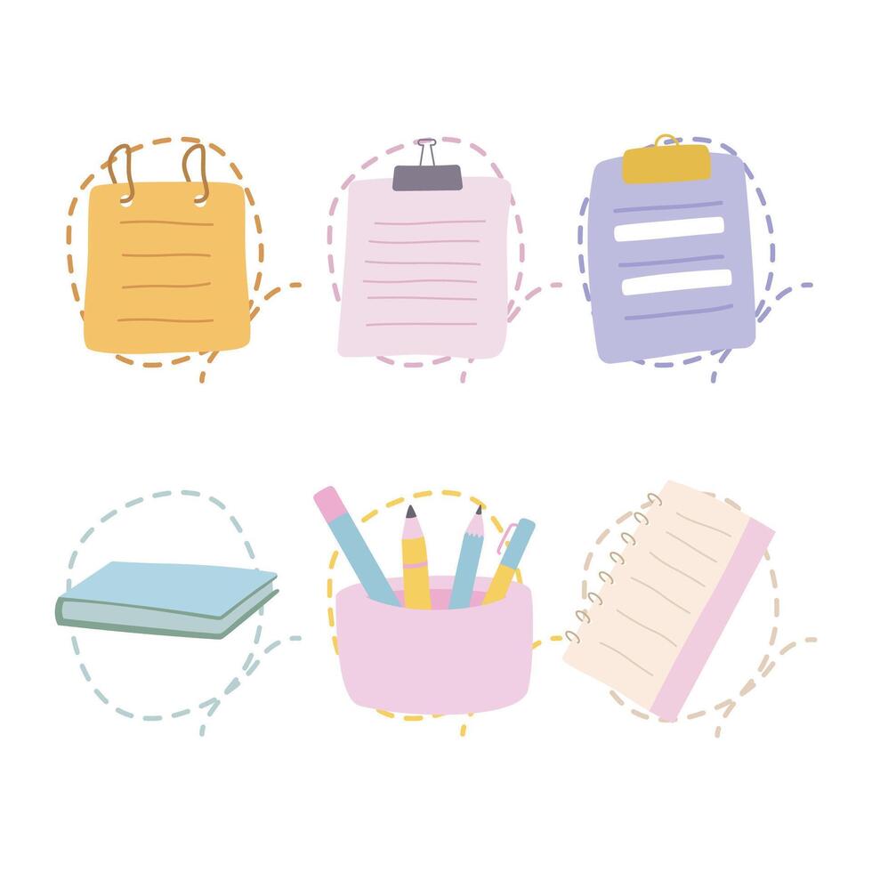 Pastel Elements Set of Office School Stationery Pencil Pen Paper Notes Book with Lines vector