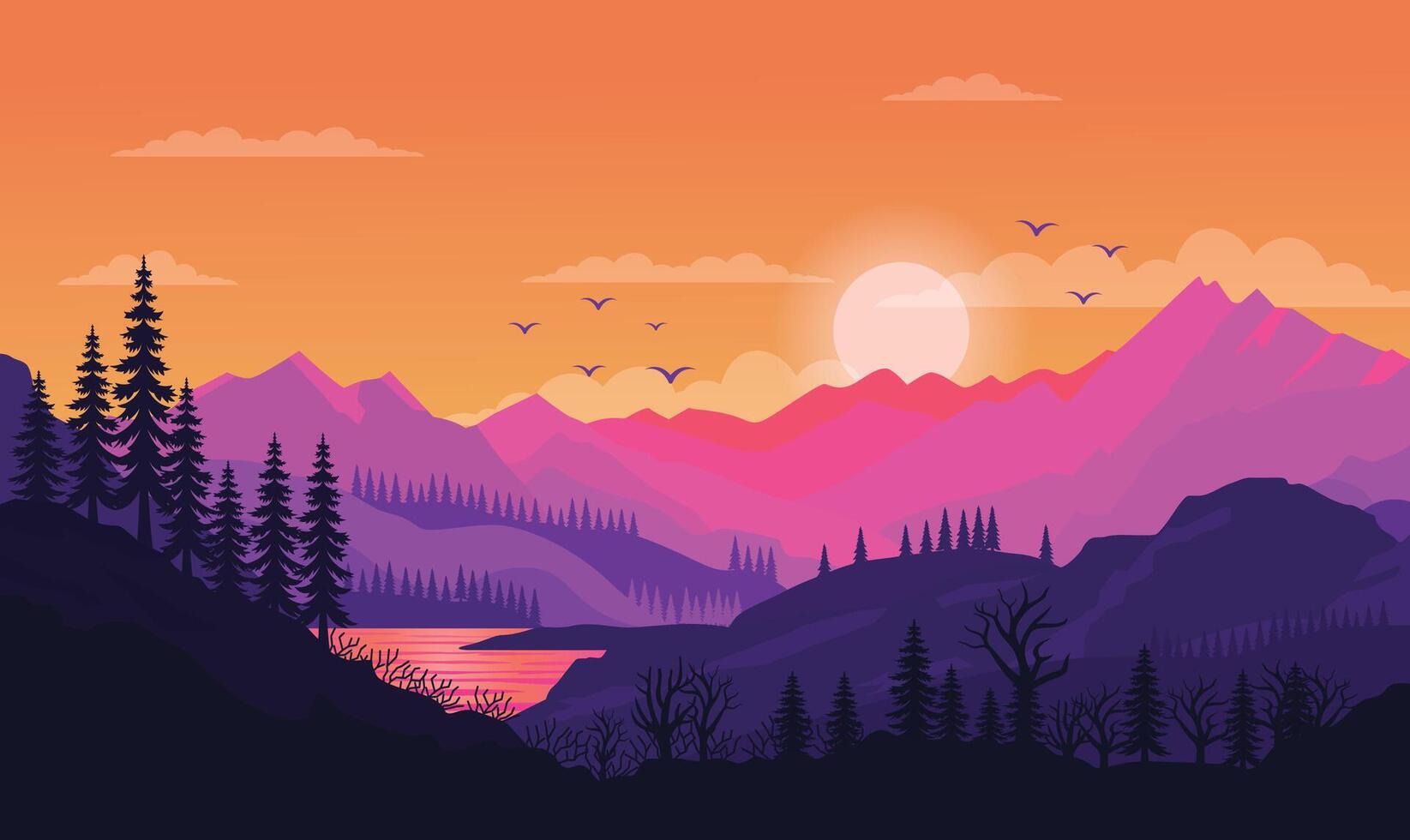 Mountains Nature Landscape with River View and Sun at Sunset Sunrise vector