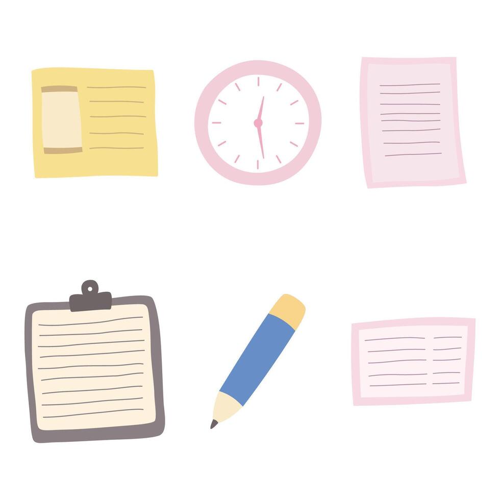 Office Elements Set of Business Stationery Paper Sticky Notes Clock Pencil with Soft Pastel Color vector