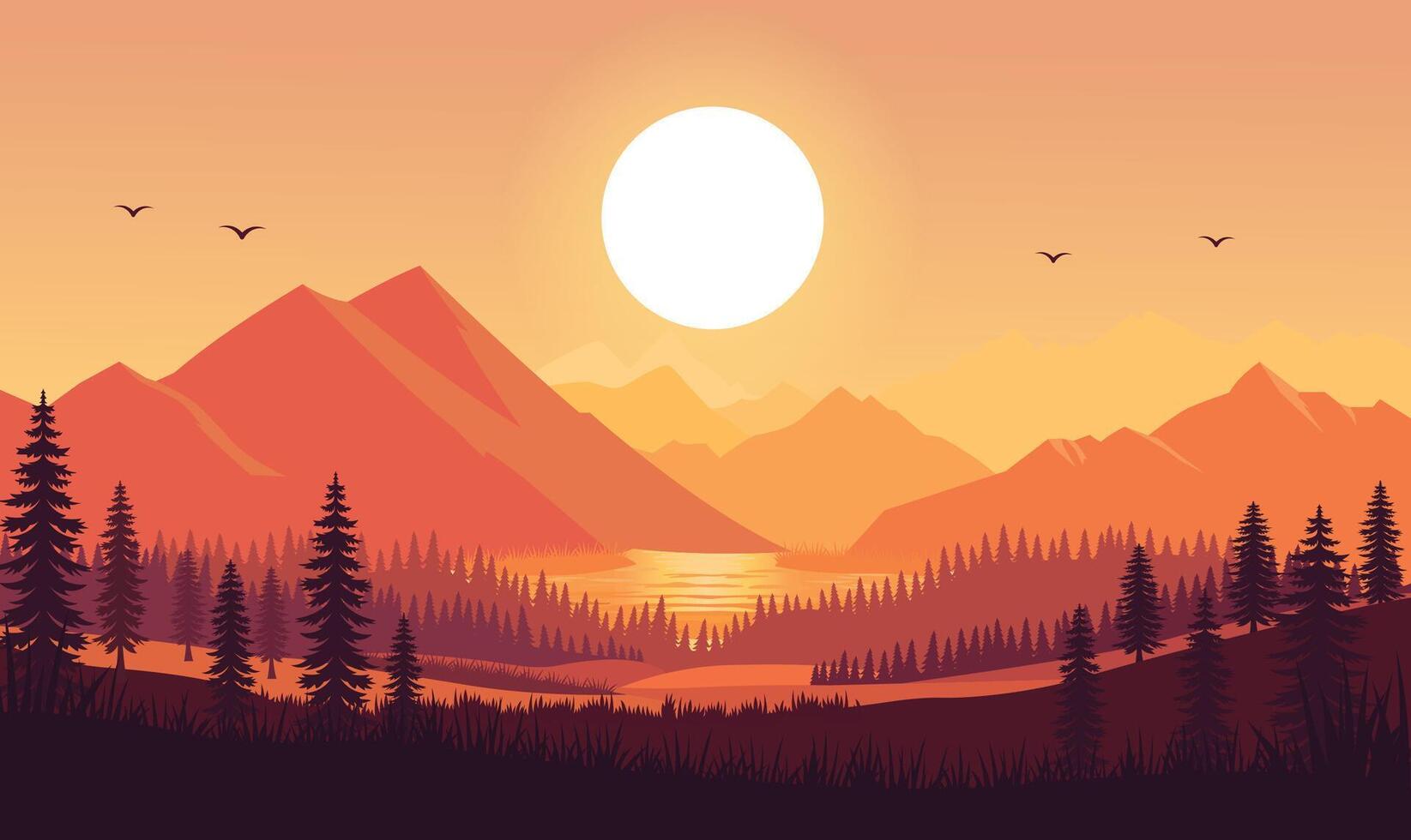 Peaceful Mountains Nature Scenery Landscape with River View and Sun at Sunset Sunrise vector