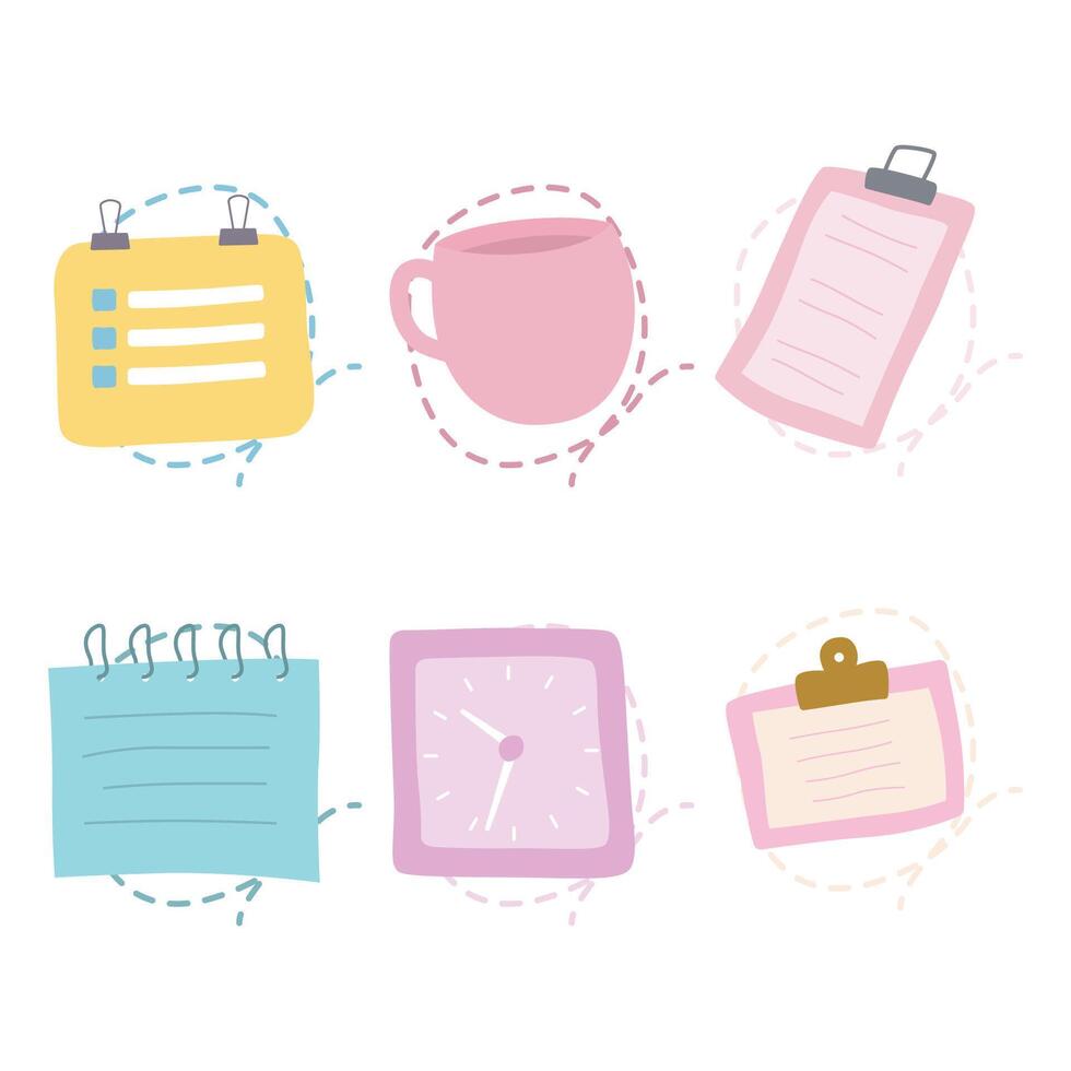 Pastel Elements Set of Office School Stationery Paper Notes Clock Cup Mug with Lines vector