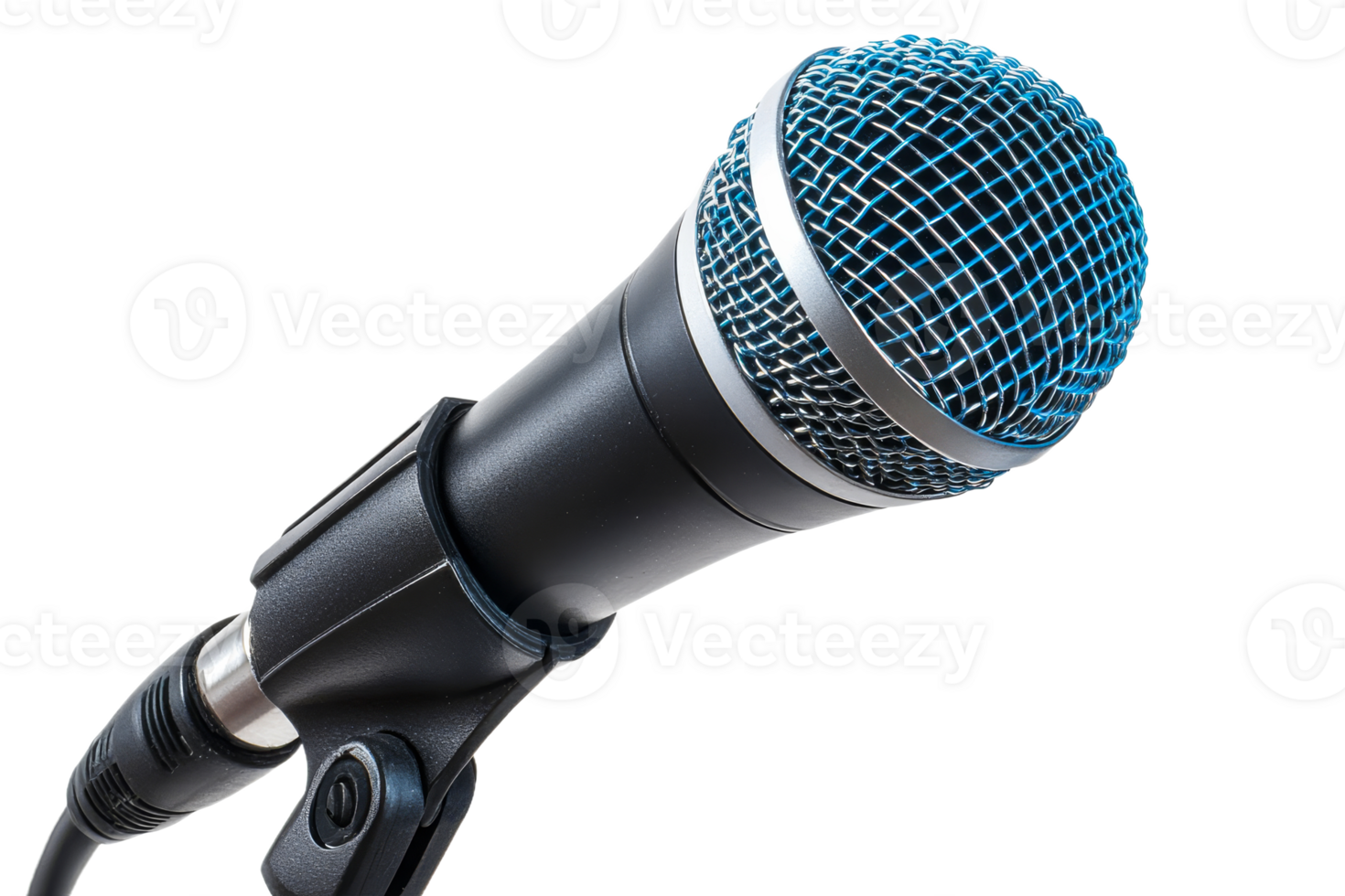 Close up of a microphone with a blue mesh grill png