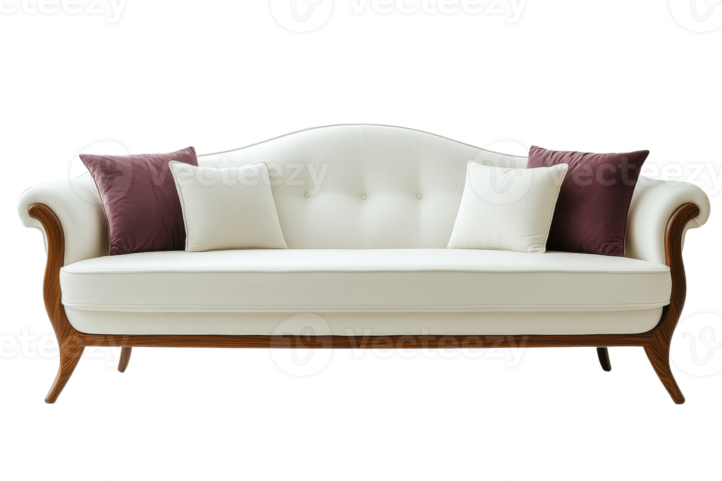Elegant white sofa with decorative pillows and wooden frame png