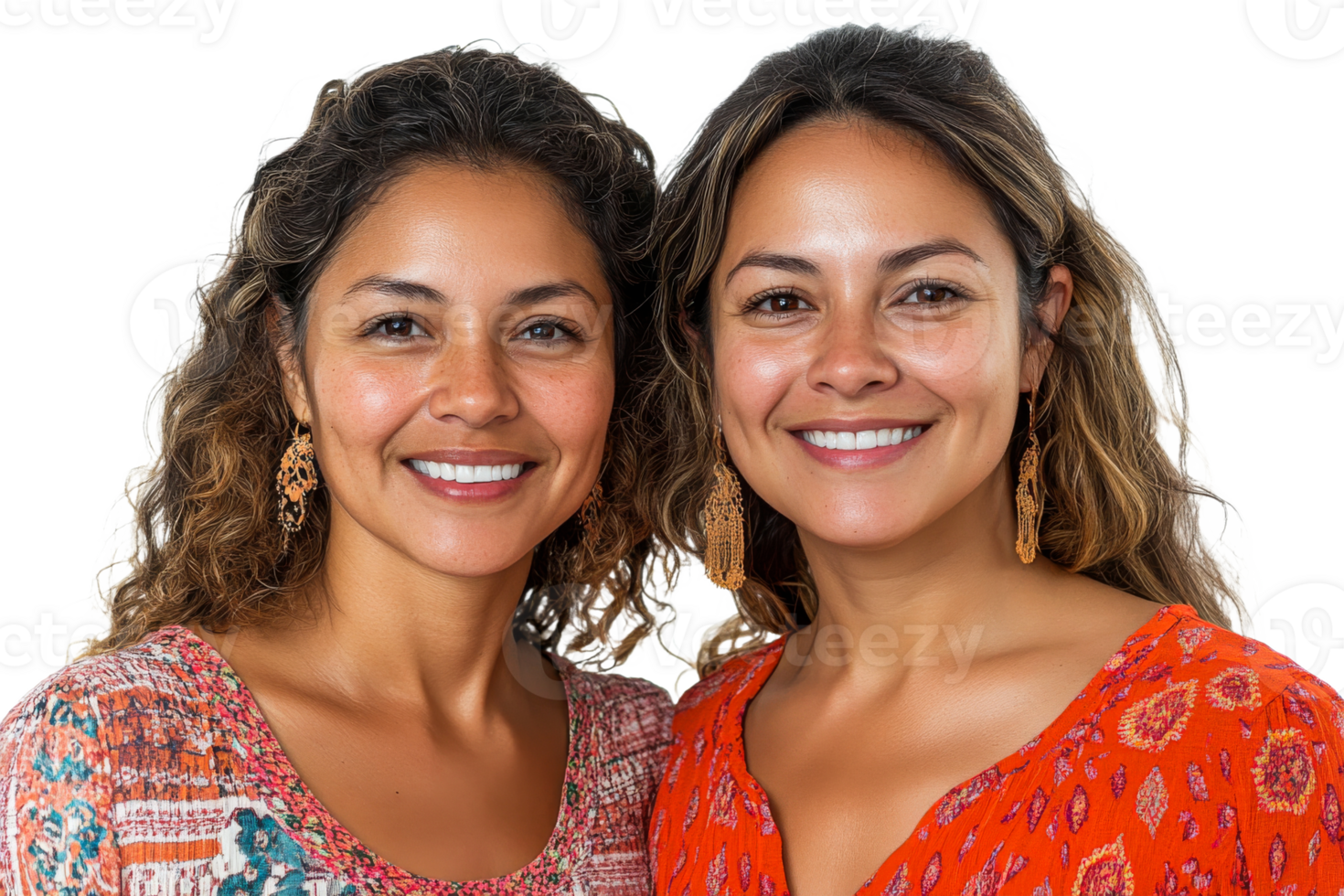 Smiling friends with curly hair in bright outfits png