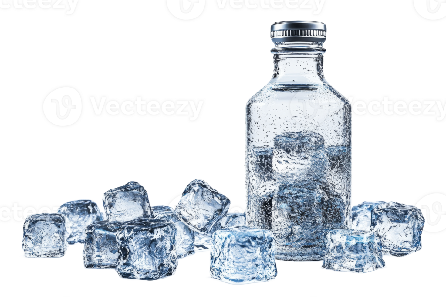 Cool refreshing water with ice cubes in a glass bottle png