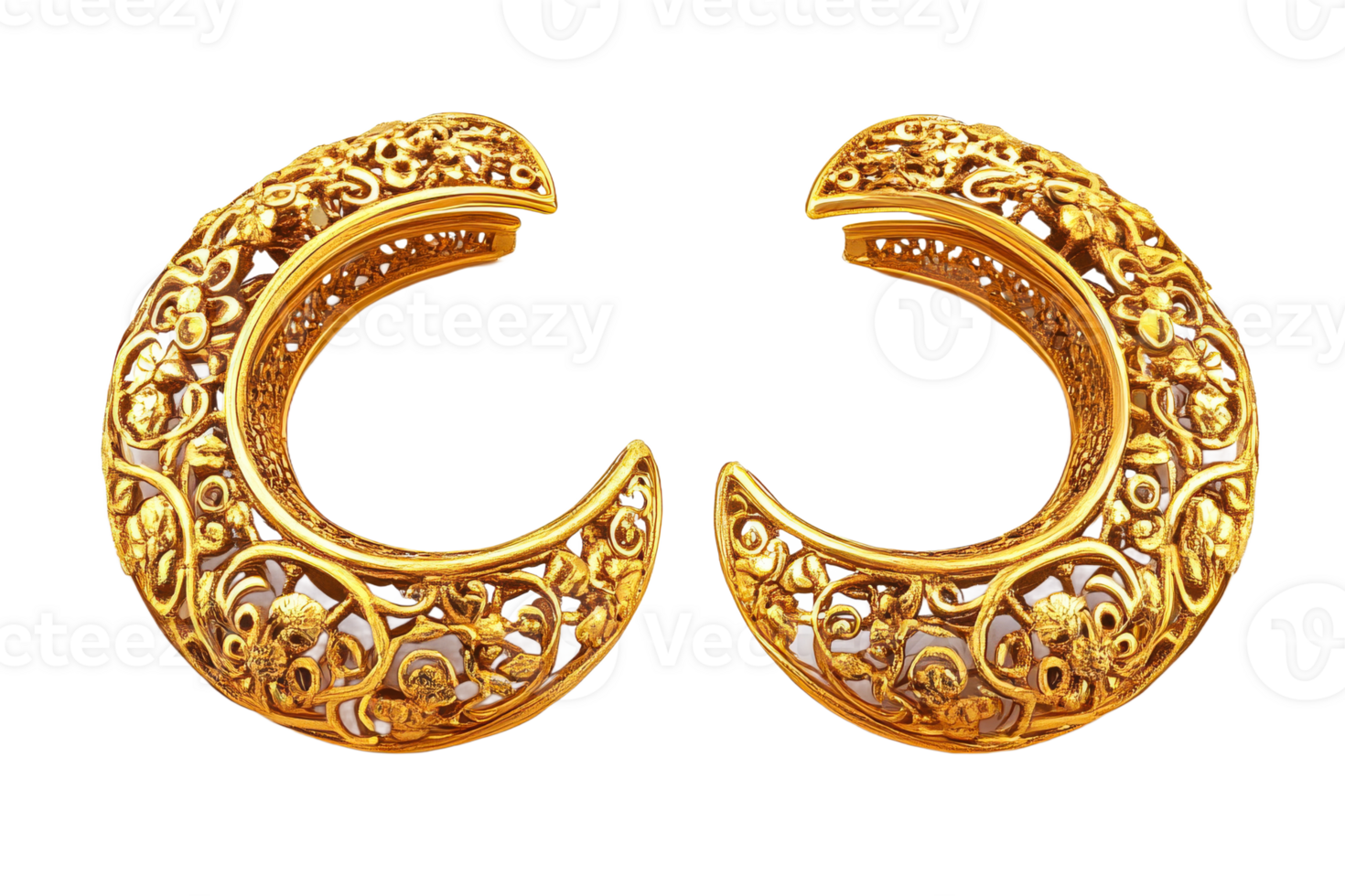 Intricate gold filigree earrings with floral design png