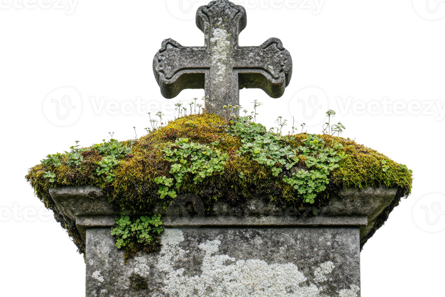 Moss covered stone cross on a grave marker png