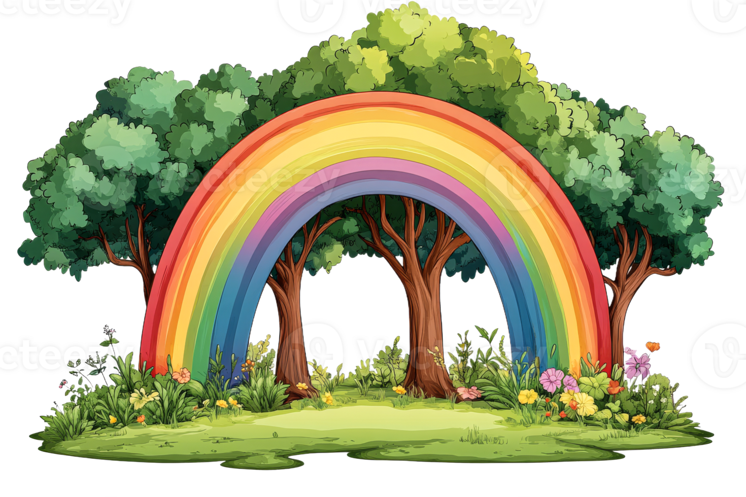 Colorful rainbow arching over lush green trees png