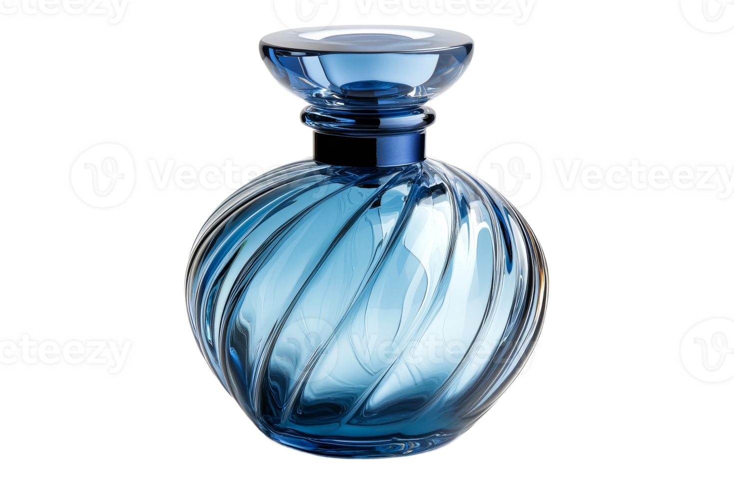 Elegant blue glass perfume bottle with swirled design png