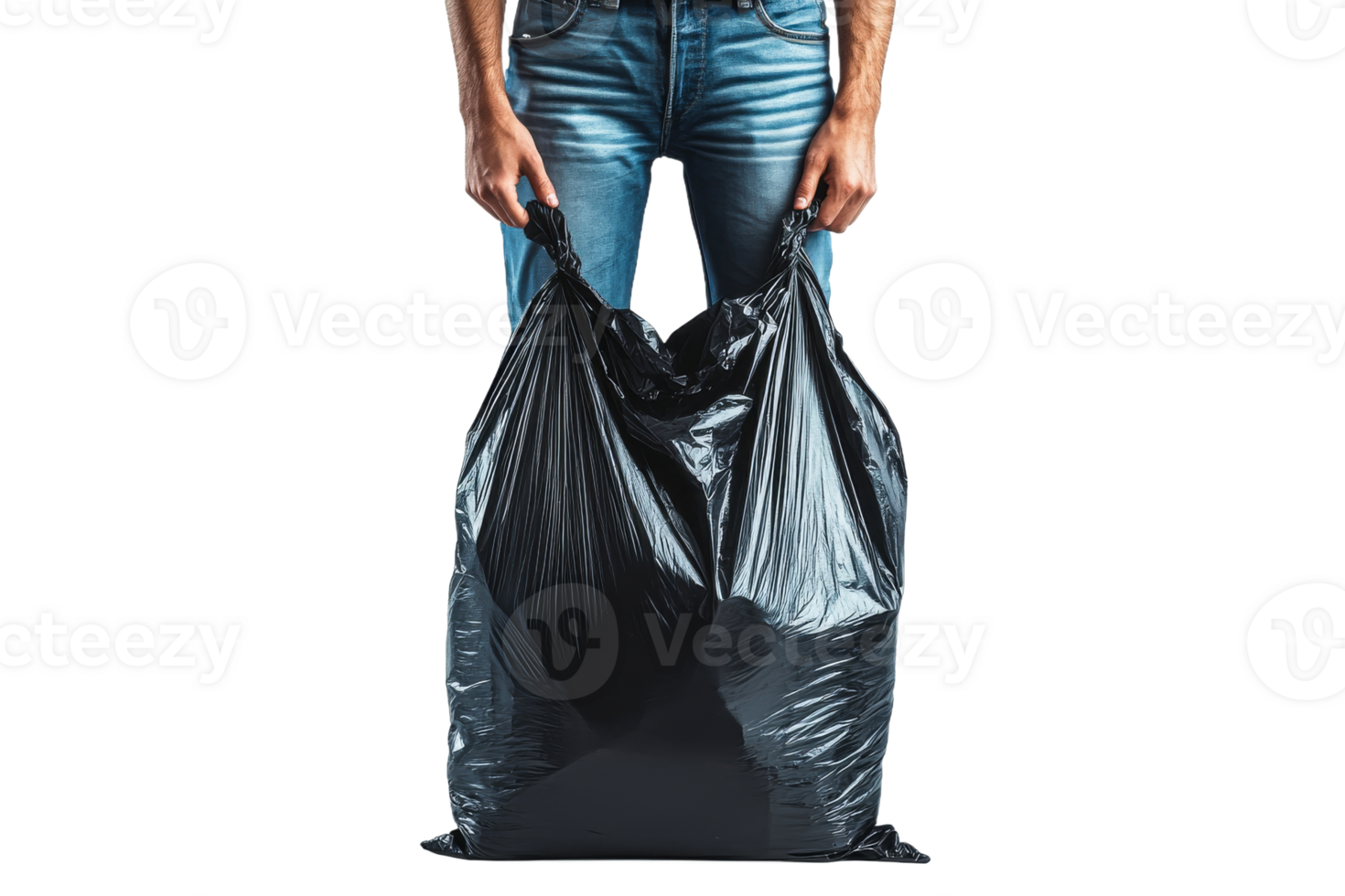 Holding a large black garbage bag for disposal png