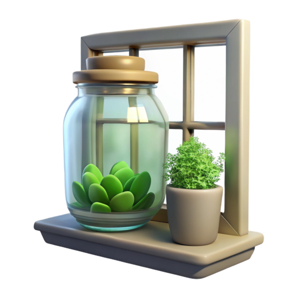 stunning minimalist Mason Jar Herb Garden Windowsill View Transparent Background high resolution png