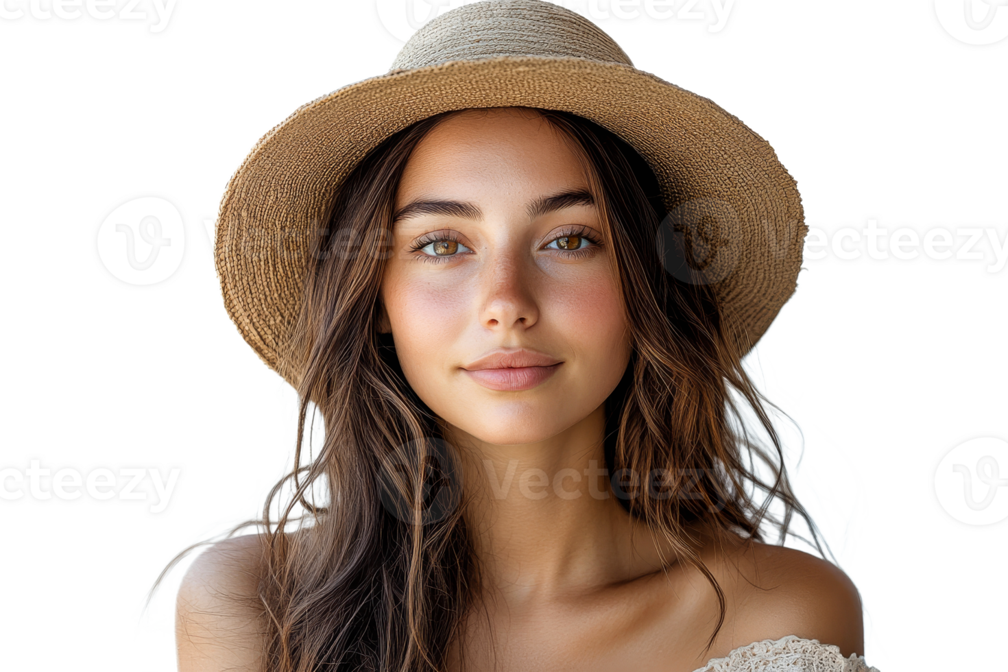 Young woman wearing a straw hat with long hair png