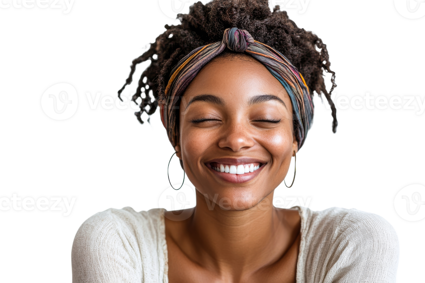 Curly haired woman with headwrap on white background png