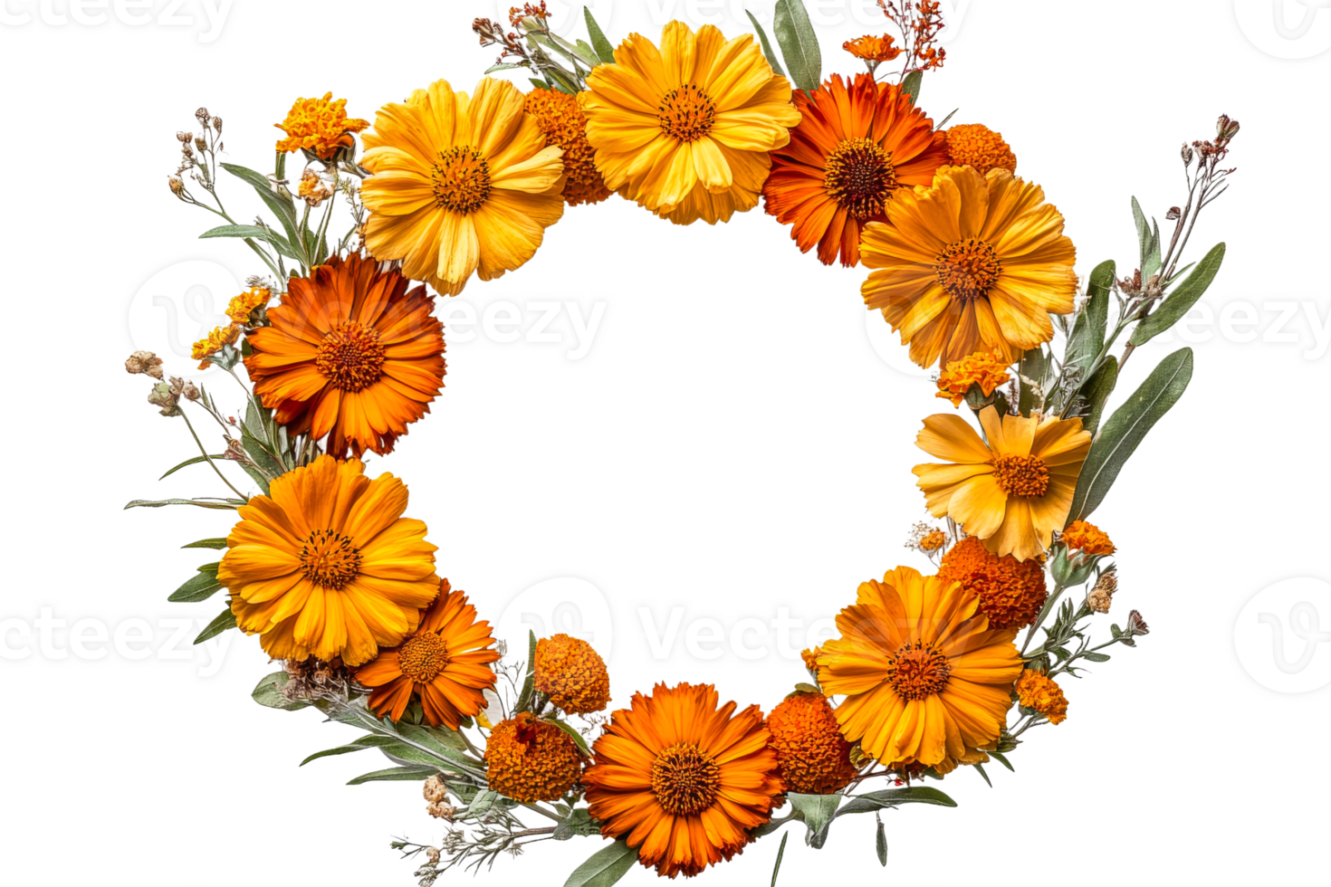Bright floral wreath made of vibrant orange flowers png
