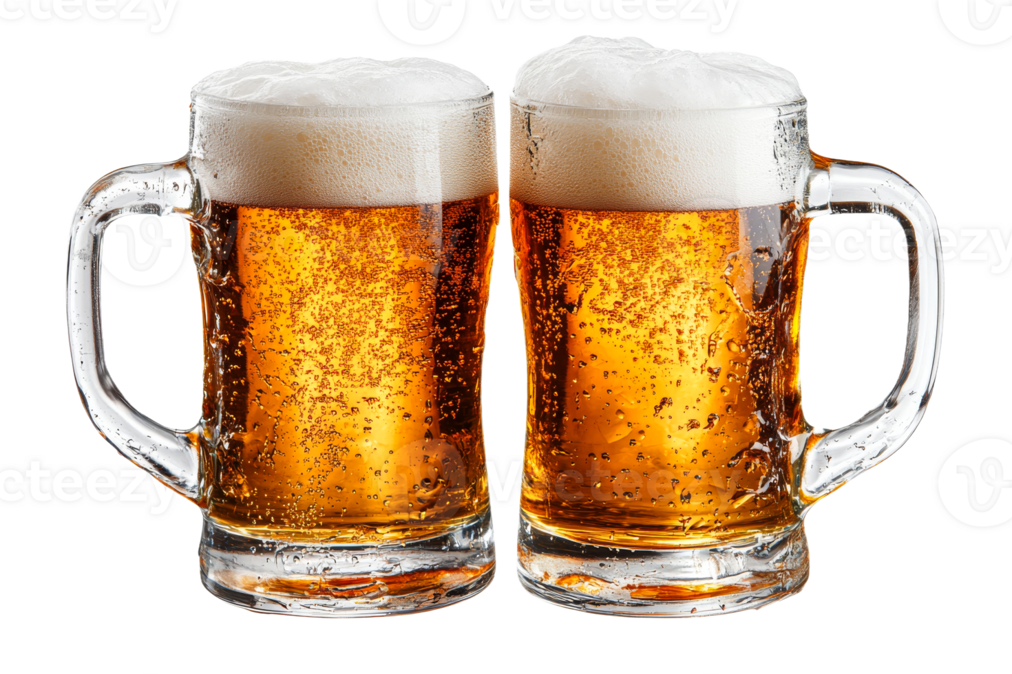 Refreshing beers in clear mugs with frothy tops png