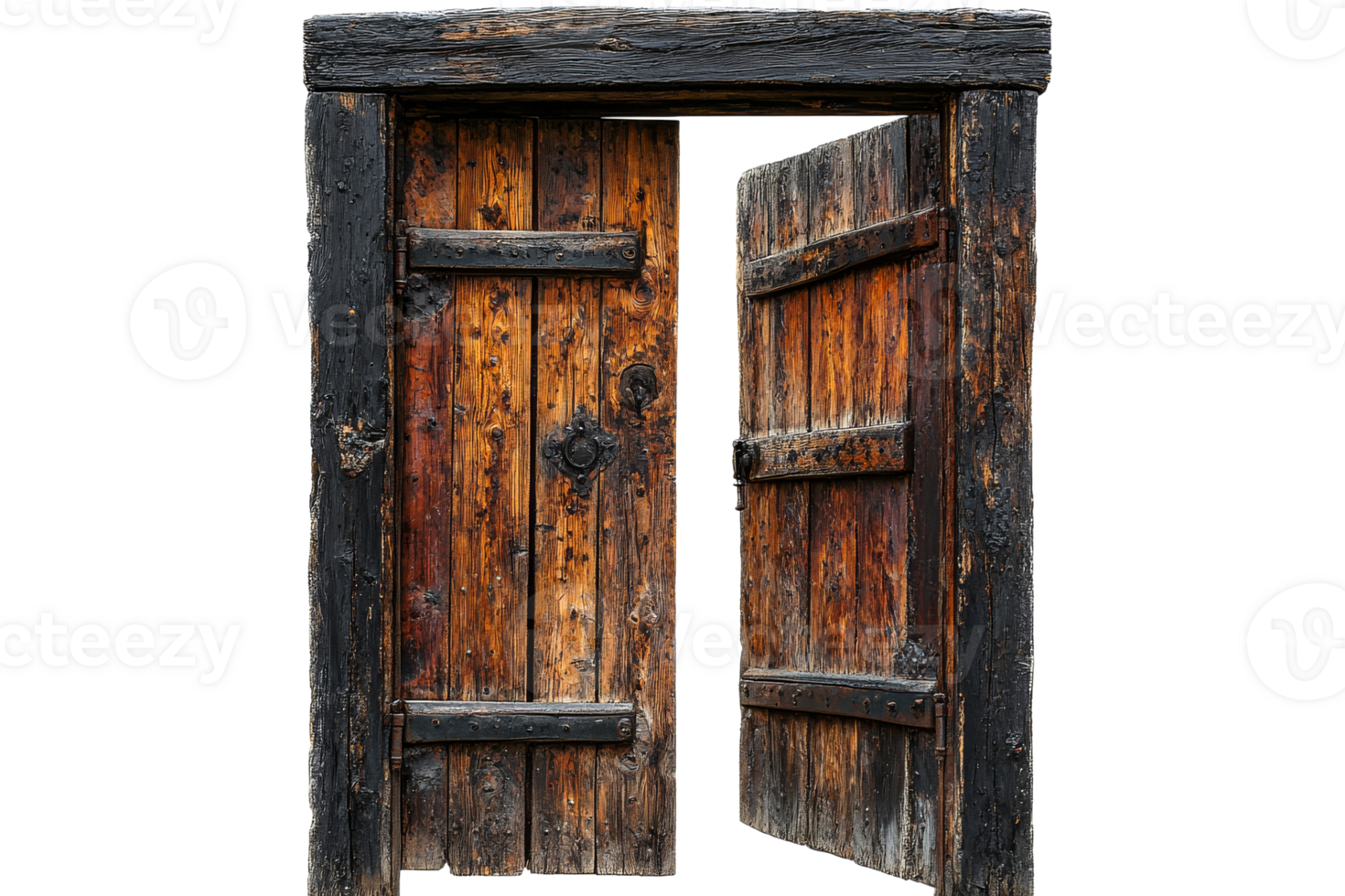 Rustic wooden doors with a weathered look and open design png