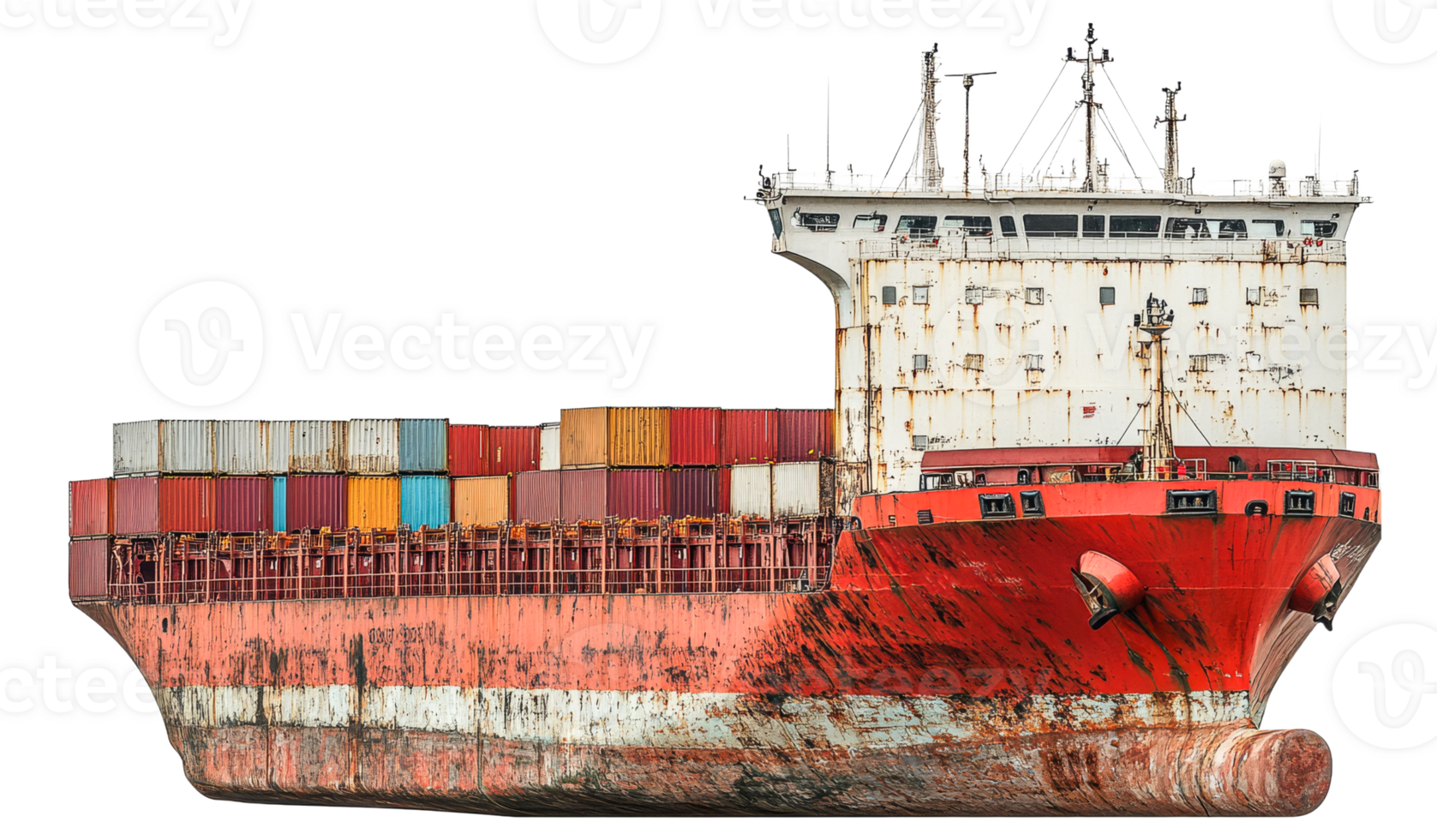 Large cargo ship with containers on a transparent background png