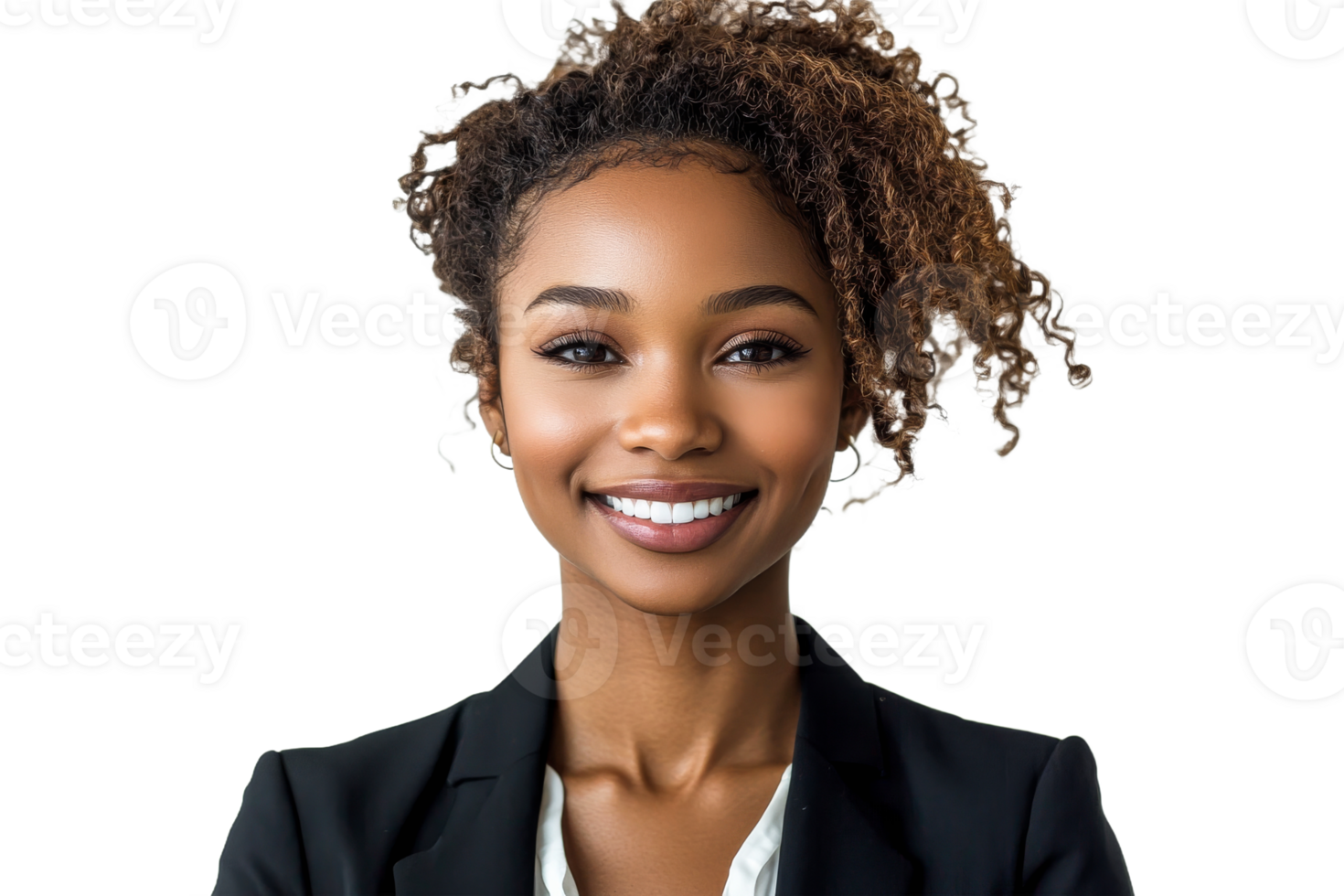 Professional woman with curly hair smiling confidently png