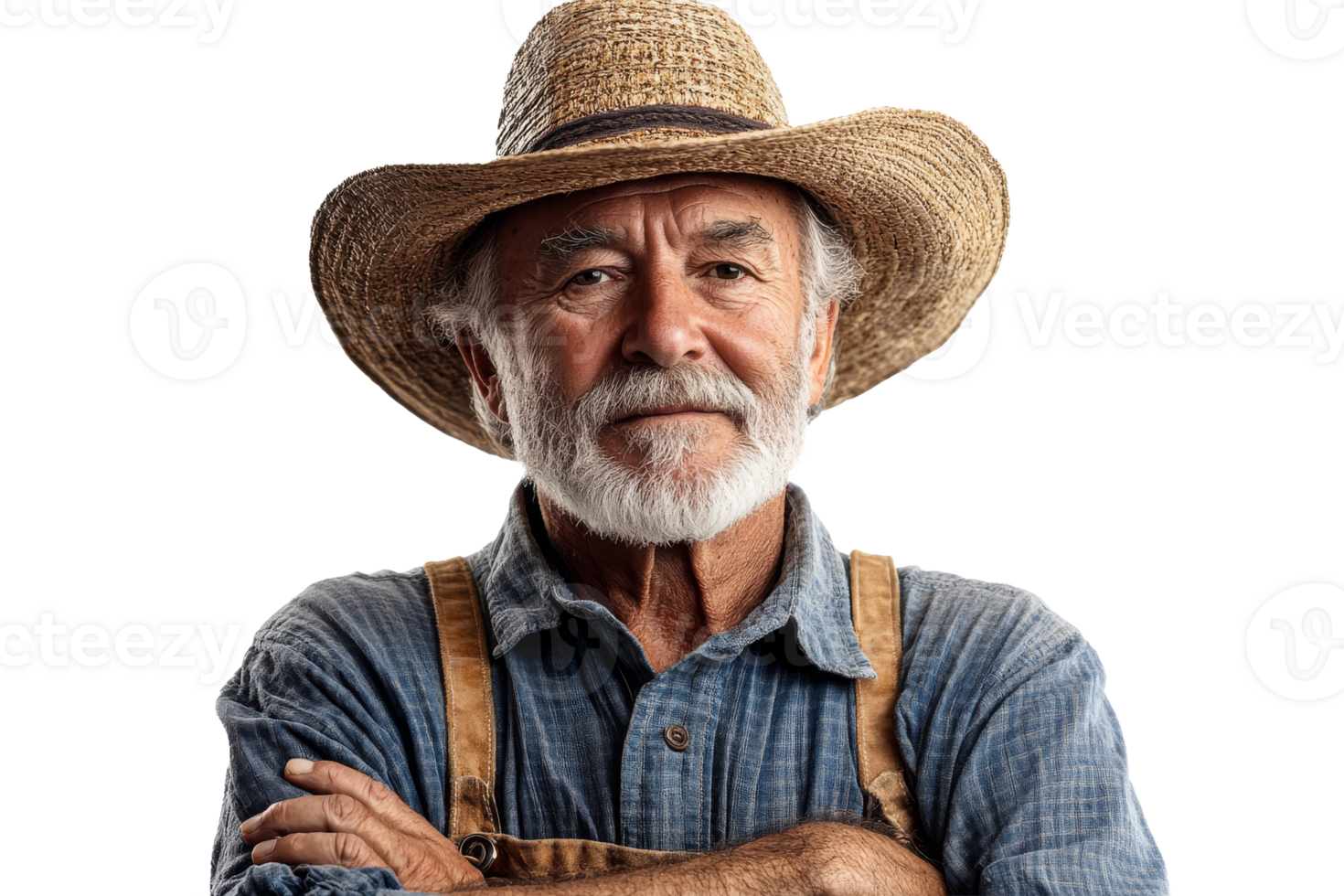 Portrait of an elderly man wearing a straw hat and overalls png