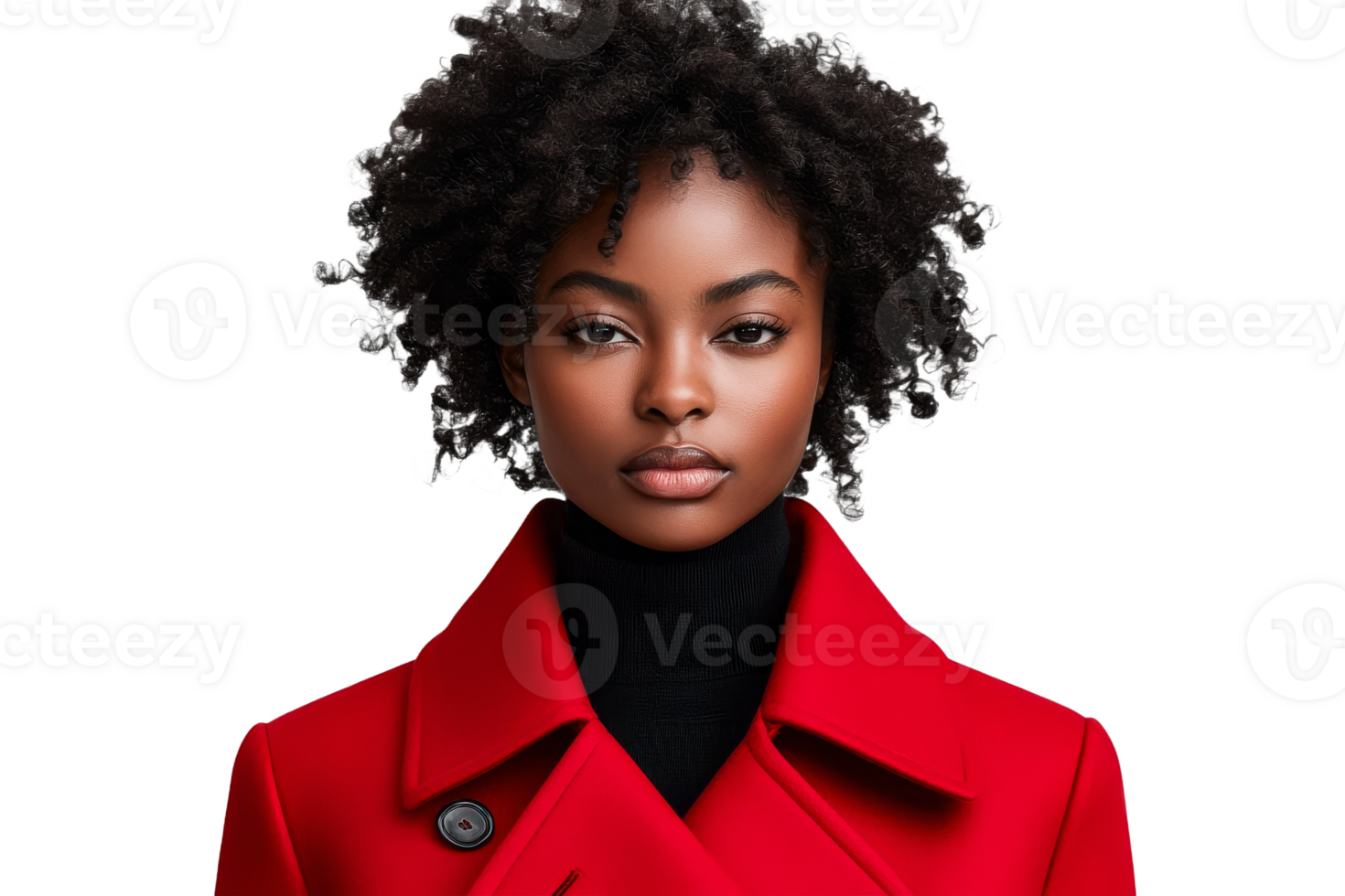 Confident woman in red coat with natural curls png