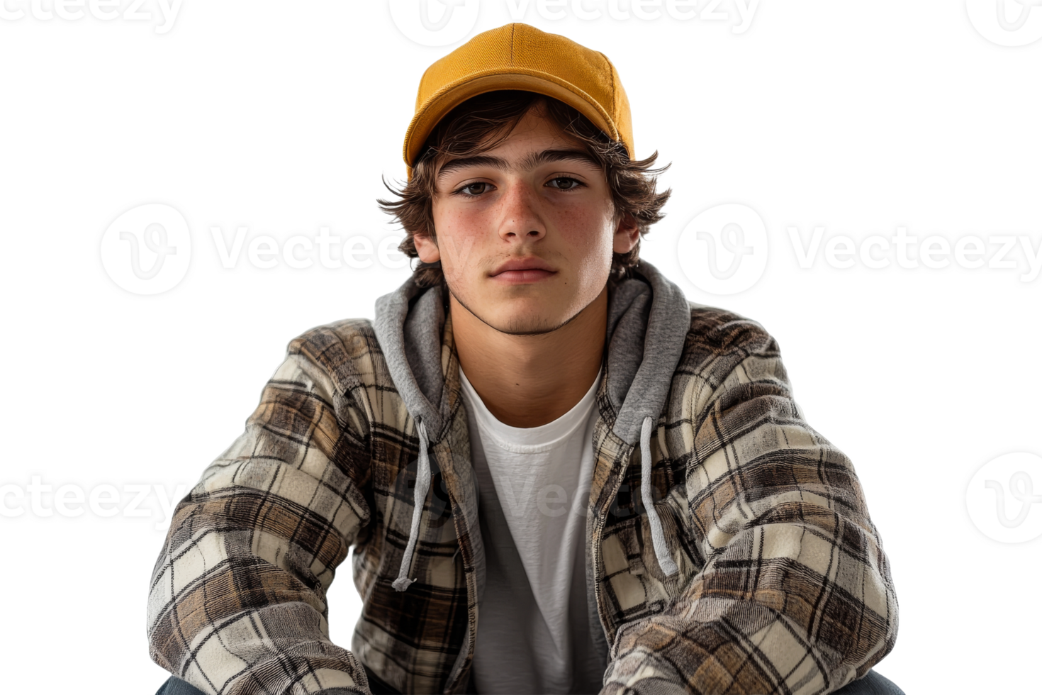 Young man in casual attire with hat posing confidently png