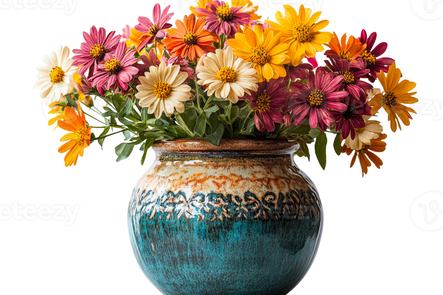 Colorful vase filled with vibrant flowers on display png