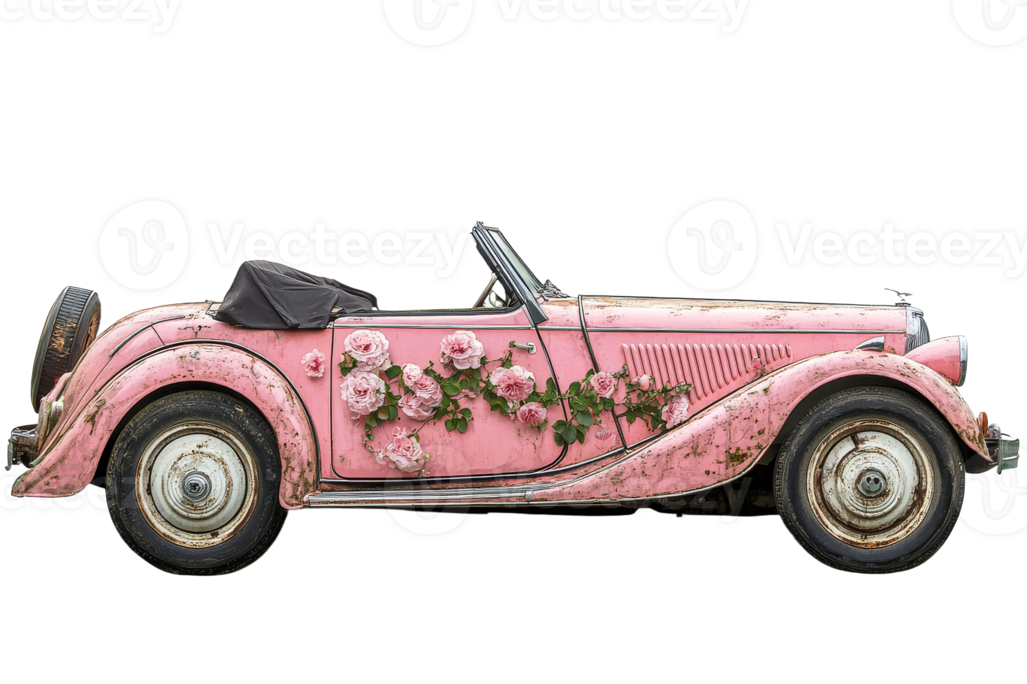 Vintage pink convertible with floral decorations png