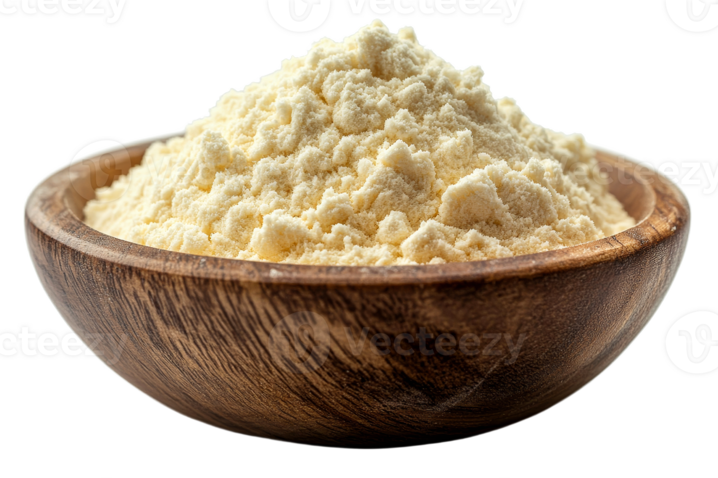 Powdered ingredient in wooden bowl on transparent background png
