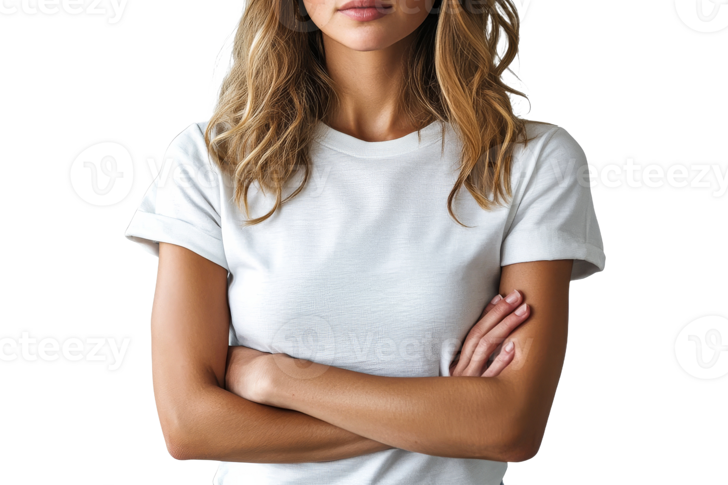 Confident woman with folded arms in casual attire png